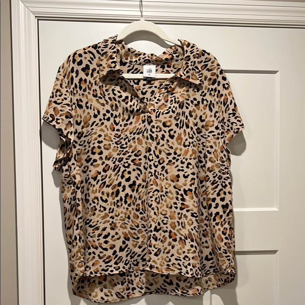 Cabi Black and Tan Button Down Shirt with Notched Collar
